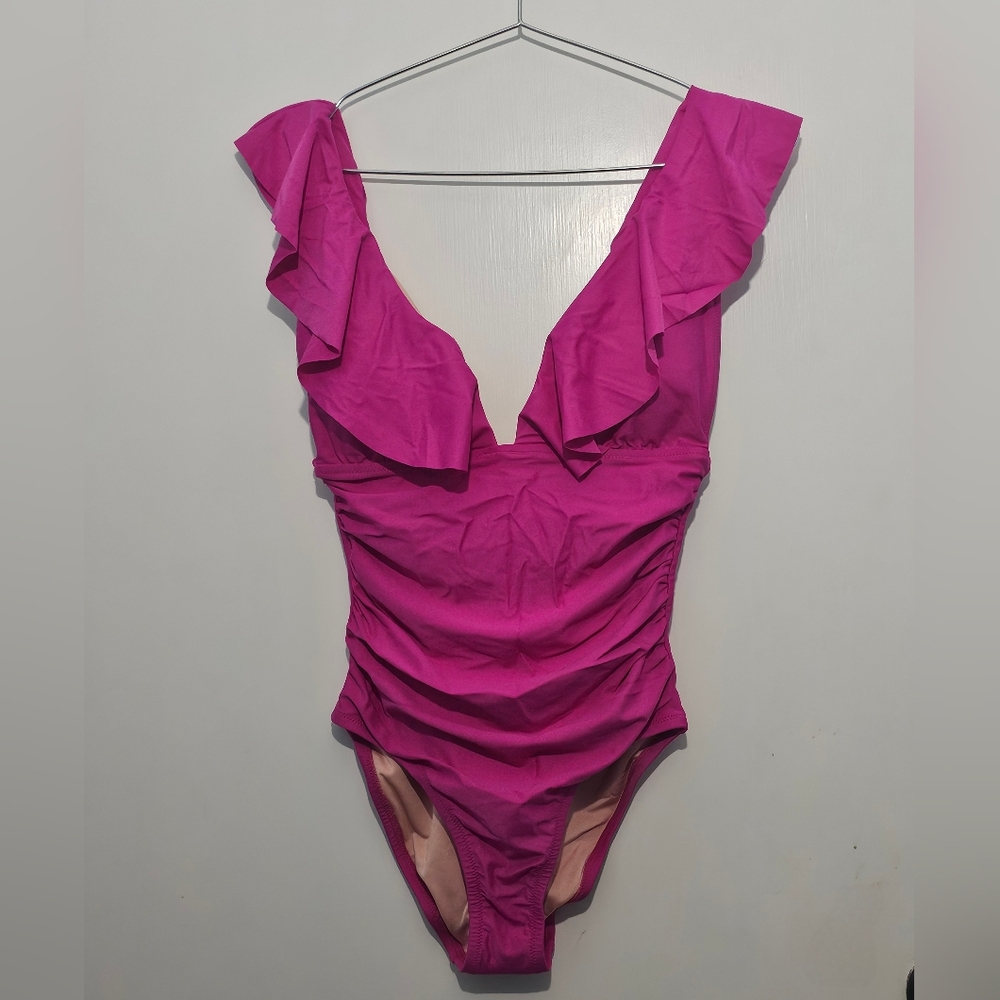 NWT - J.Crew Ruched Ruffle One-Piece Swimsuit - Radiant Fuchsia